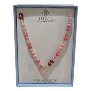 💕🔹️ATTERRI 🔹️Pink Heart Pendant Beaded Semi-Precious Stone 15in Necklace